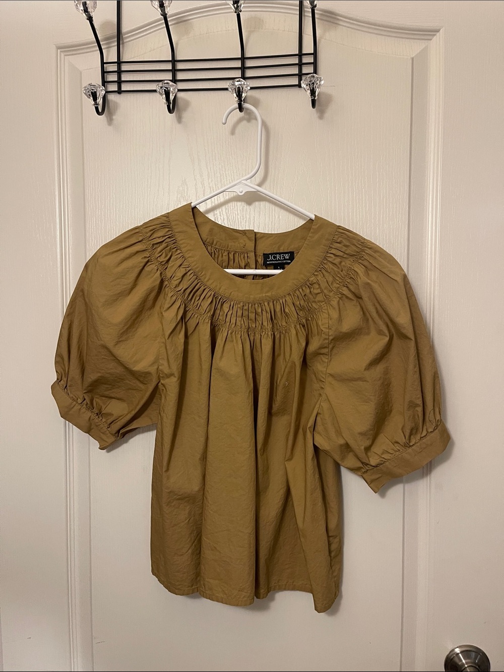 J. Crew Olive Smocked Round-Neck Puff Sleeve Blouse